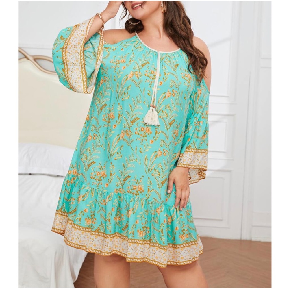 Boho Plus Floral Print Cold Shoulder Ruffle Dress - Picture 5 of 5